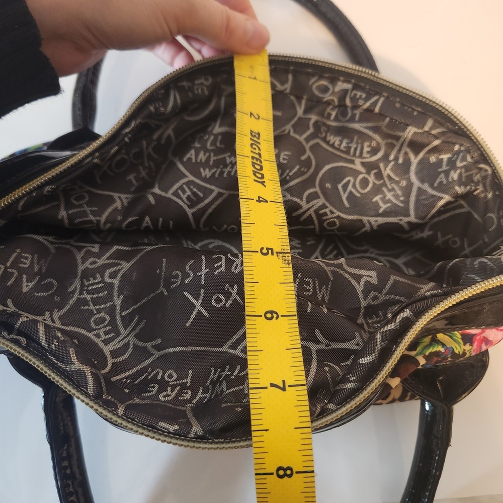 Betsey Johnson Leopard Floral Rose Dome Satchel Handbag Black Patent Trim - Picture 8 of 8
